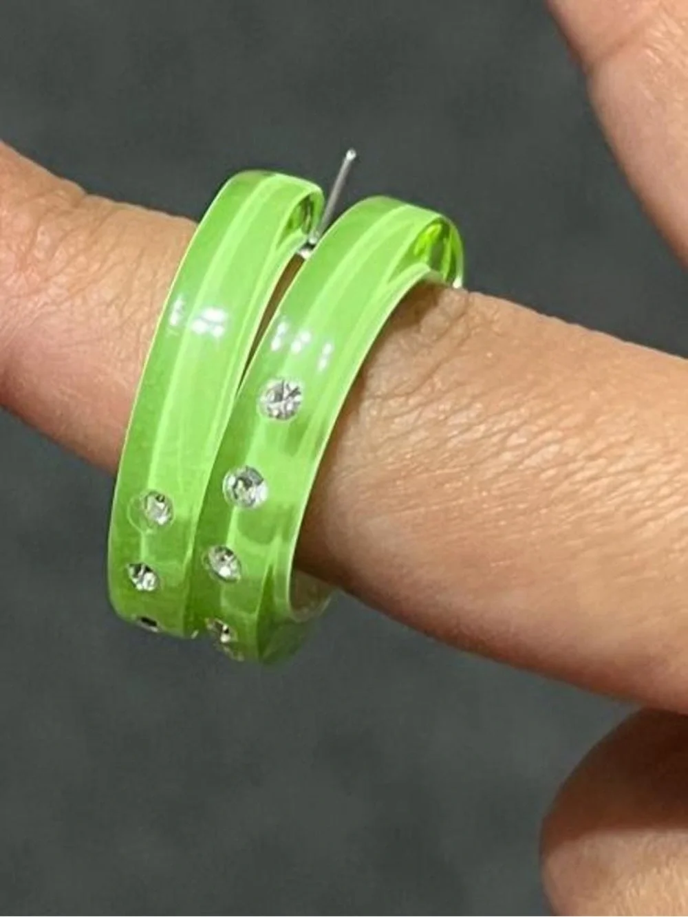 Neon Lime Hoop Earrings with Rhinestones